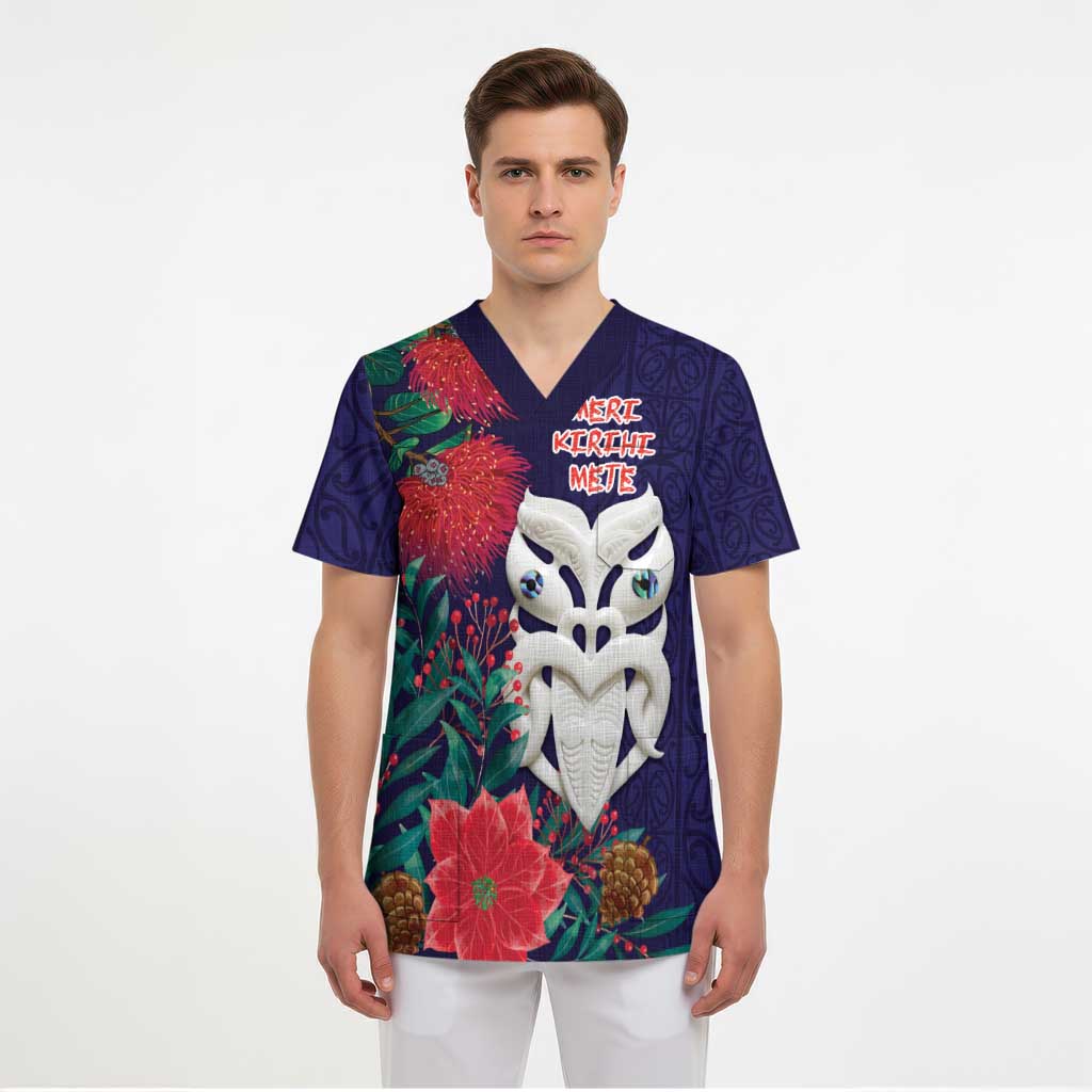 Maori Wheku Meri Kirihimete Personalised Scrub Top All Blue Indigenous Maori Motif - Polynesian Pride