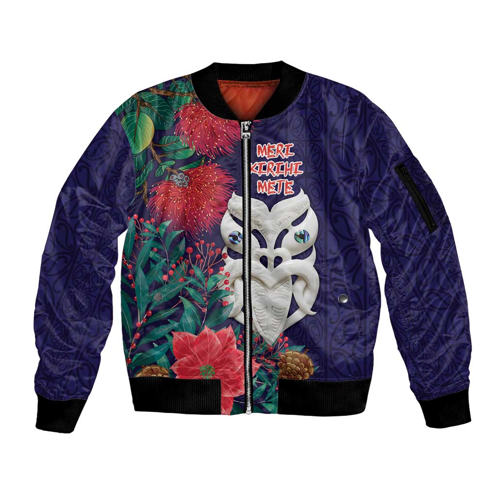 Maori Wheku Meri Kirihimete Personalised Sleeve Zip Bomber Jacket All Blue Indigenous Maori Motif - Polynesian Pride