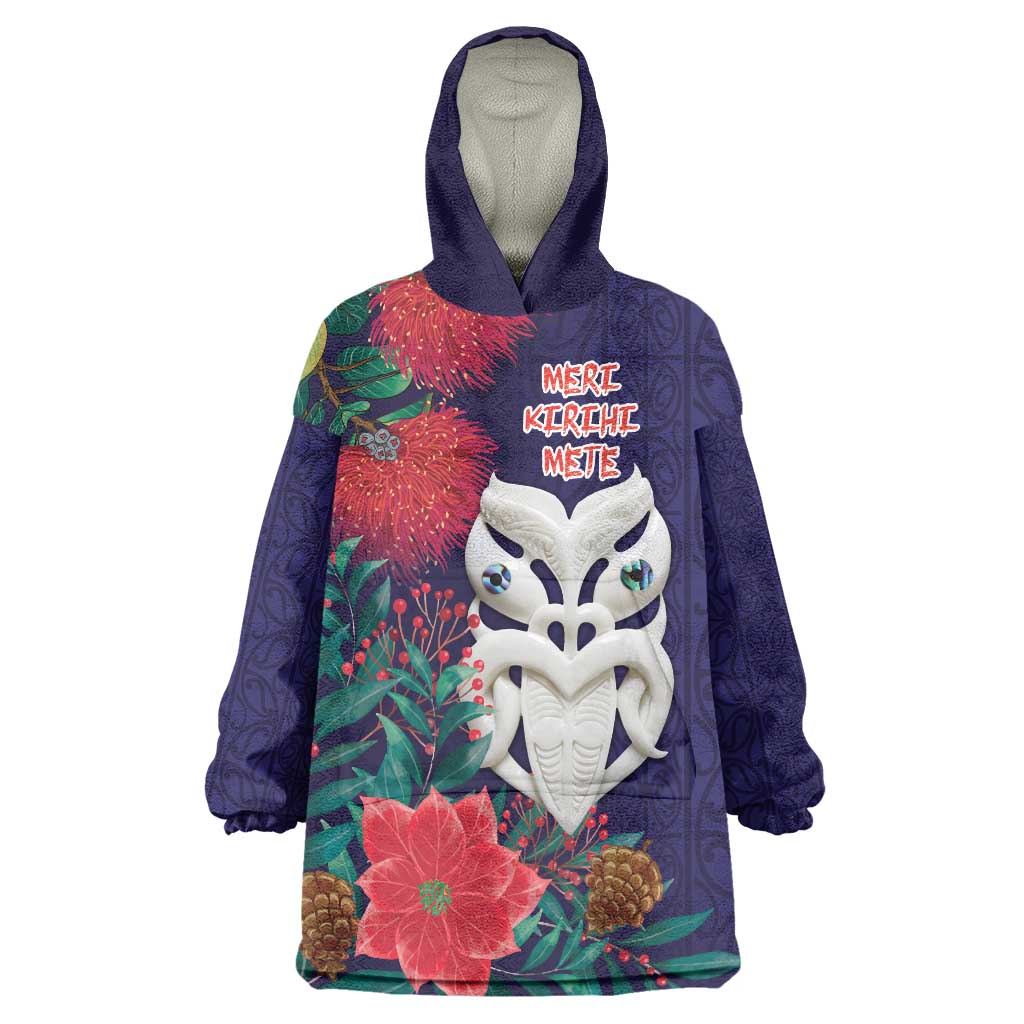 Maori Wheku Meri Kirihimete Personalised Wearable Blanket Hoodie All Blue Indigenous Maori Motif - Polynesian Pride