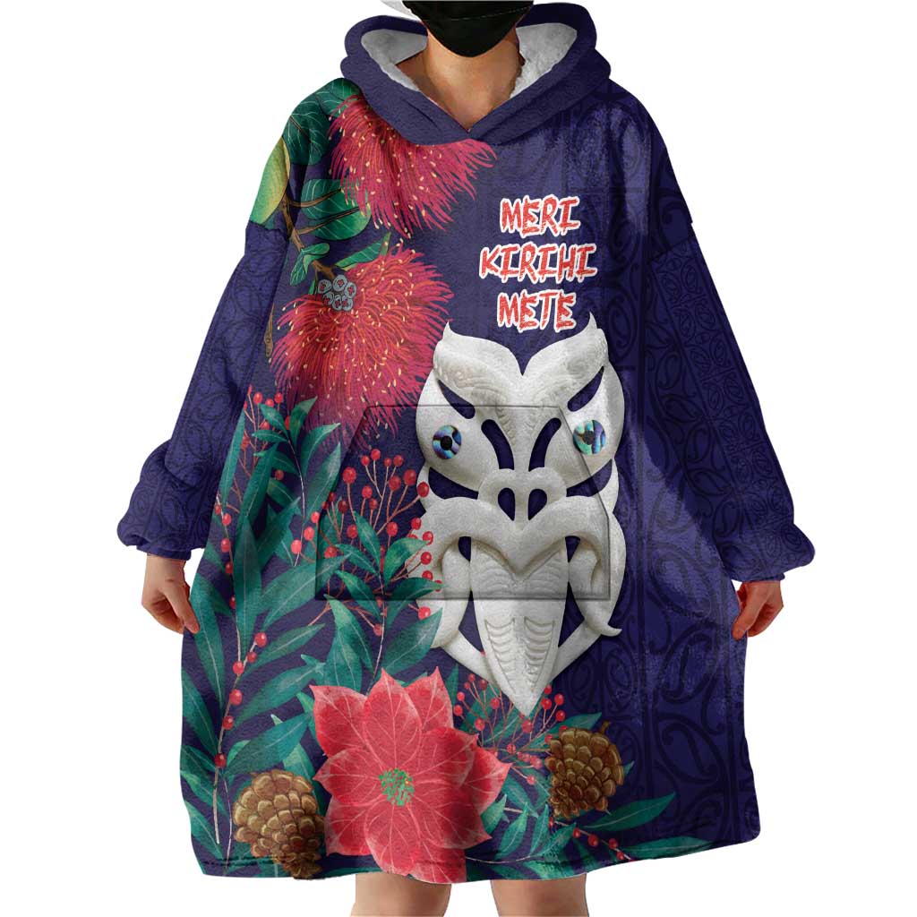 Maori Wheku Meri Kirihimete Personalised Wearable Blanket Hoodie All Blue Indigenous Maori Motif - Polynesian Pride