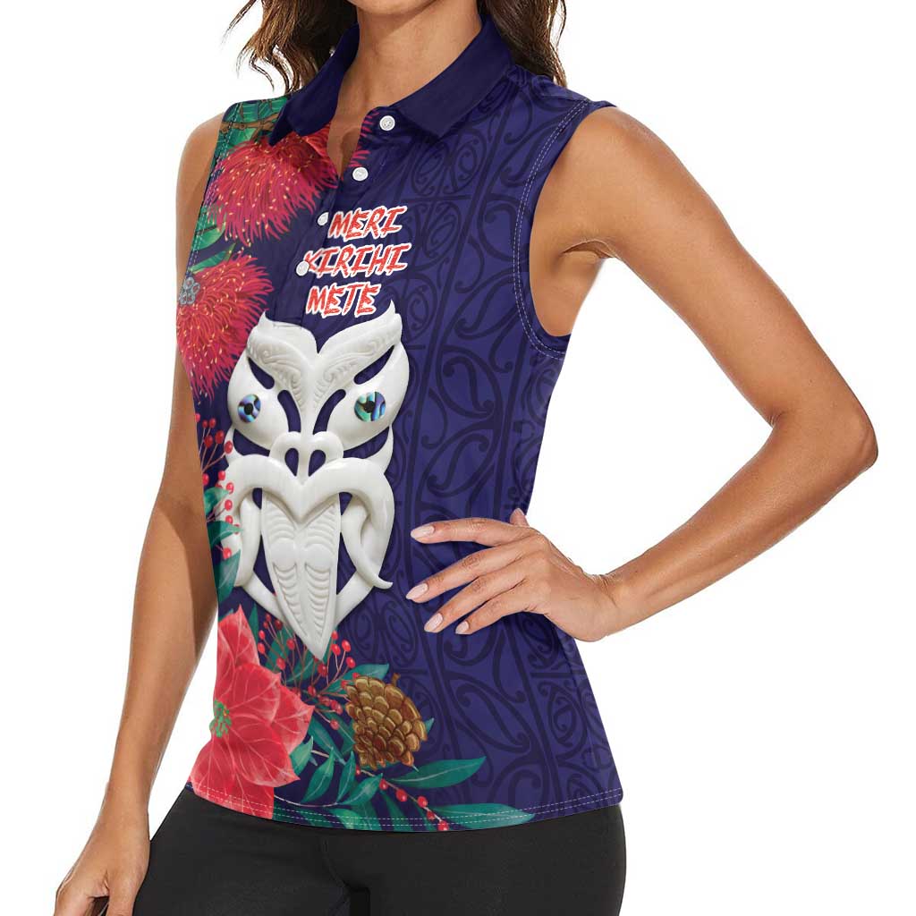 Maori Wheku Meri Kirihimete Personalised Women Sleeveless Polo Shirt All Blue Indigenous Maori Motif - Polynesian Pride