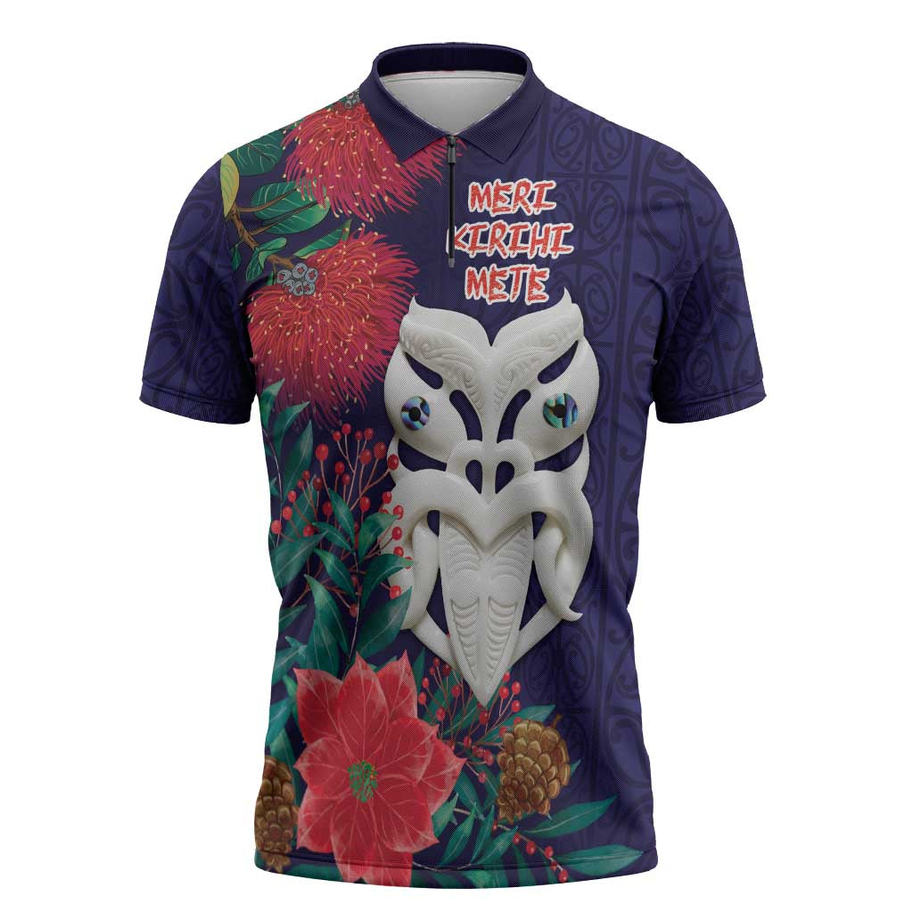 Maori Wheku Meri Kirihimete Personalised Zipper Polo Shirt All Blue Indigenous Maori Motif - Polynesian Pride