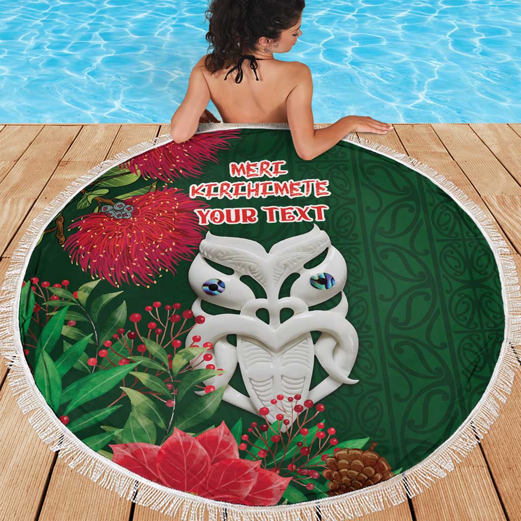Maori Wheku Meri Kirihimete Personalised Beach Blanket All Green Indigenous Maori Motif - Polynesian Pride