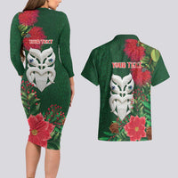 Maori Wheku Meri Kirihimete Personalised Couples Matching Long Sleeve Bodycon Dress and Hawaiian Shirt All Green Indigenous Maori Motif - Polynesian Pride