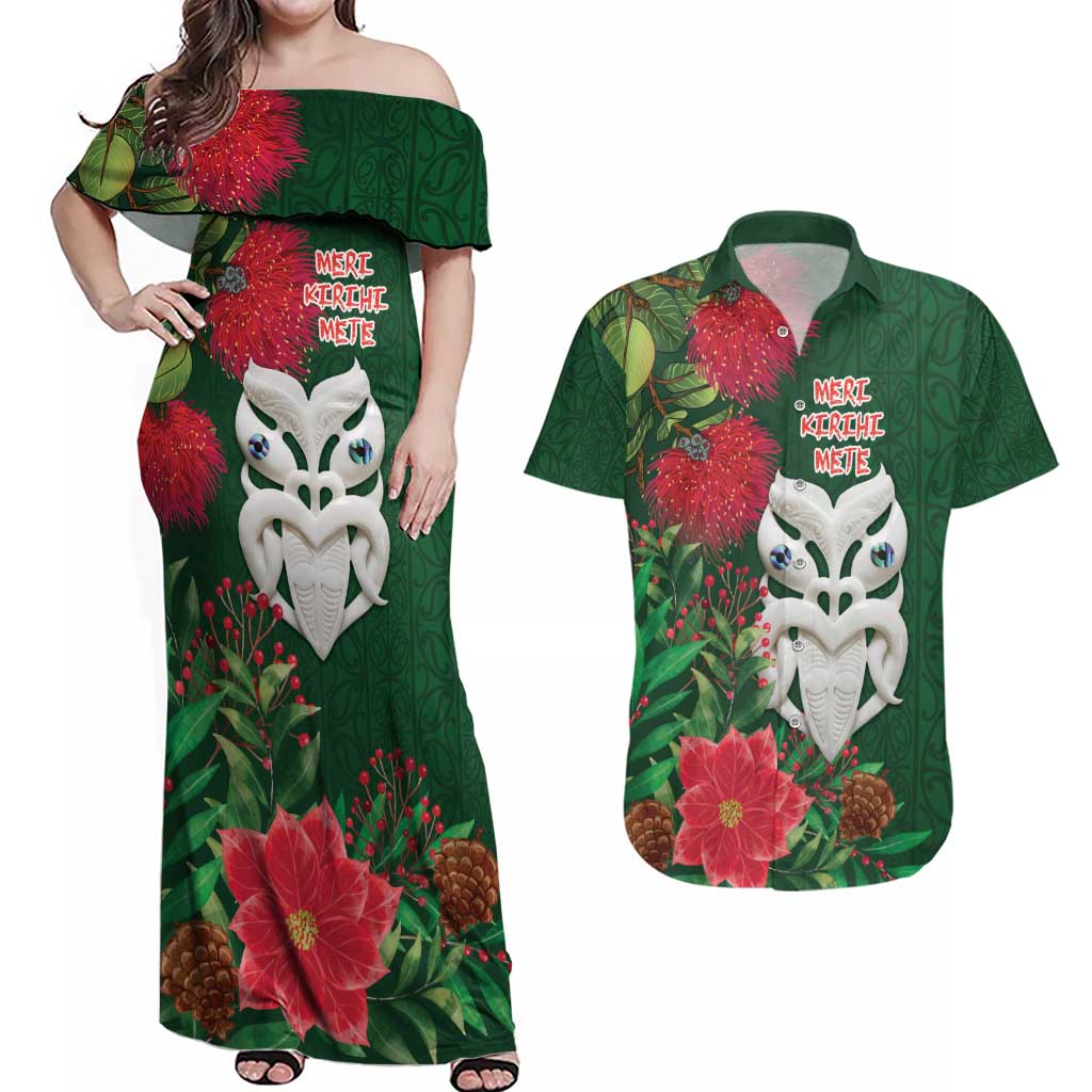 Maori Wheku Meri Kirihimete Personalised Couples Matching Off Shoulder Maxi Dress and Hawaiian Shirt All Green Indigenous Maori Motif - Polynesian Pride