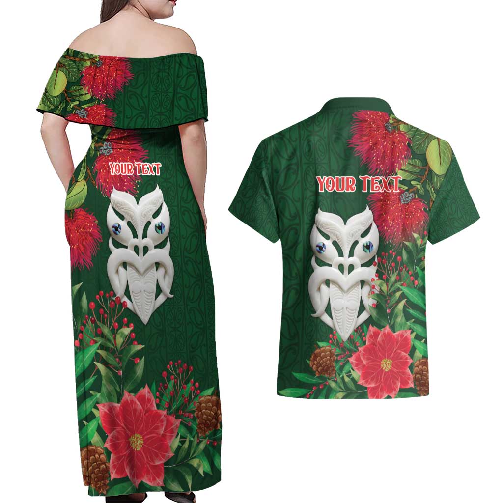Maori Wheku Meri Kirihimete Personalised Couples Matching Off Shoulder Maxi Dress and Hawaiian Shirt All Green Indigenous Maori Motif - Polynesian Pride