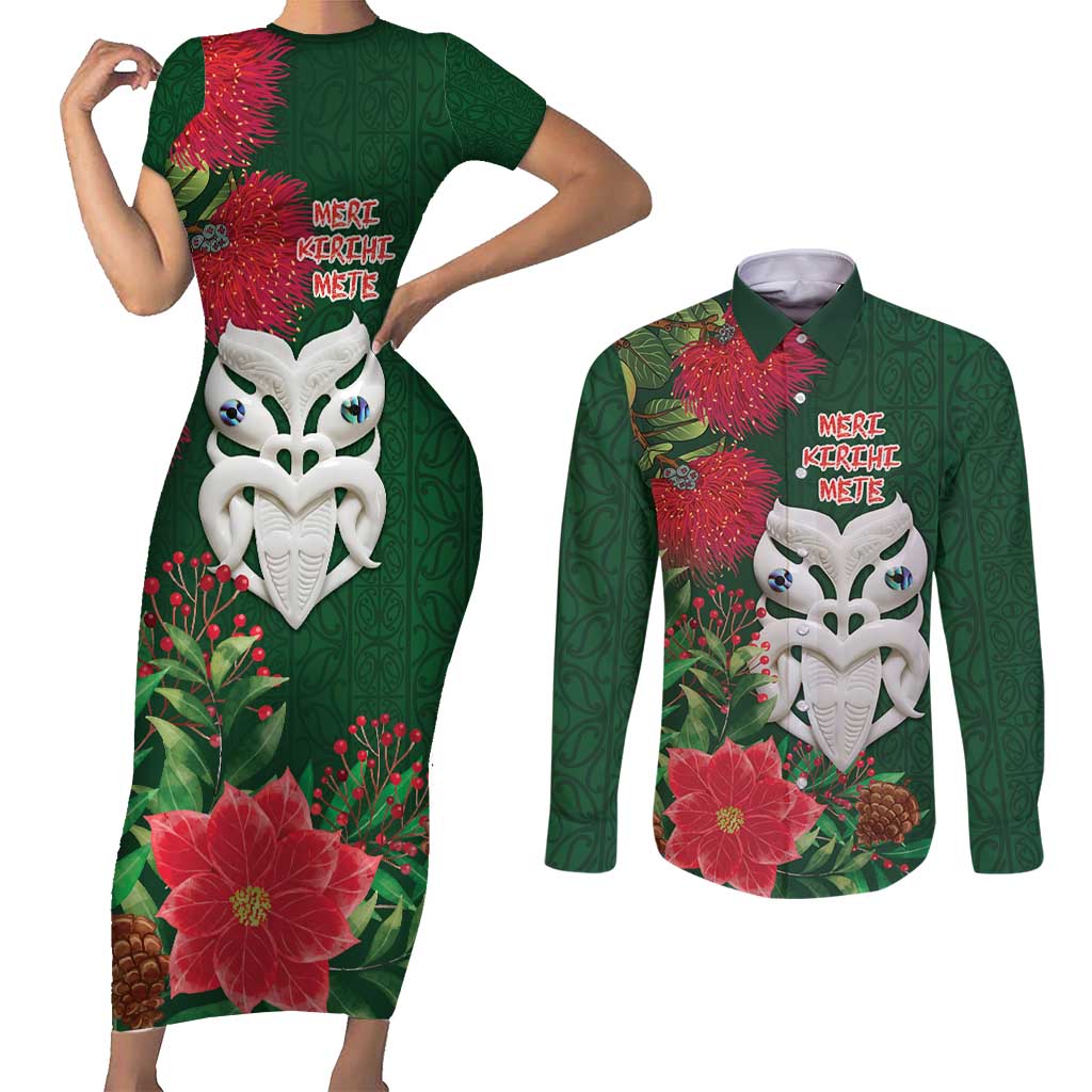 Maori Wheku Meri Kirihimete Personalised Couples Matching Short Sleeve Bodycon Dress and Long Sleeve Button Shirt All Green Indigenous Maori Motif - Polynesian Pride