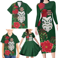Maori Wheku Meri Kirihimete Personalised Family Matching Long Sleeve Bodycon Dress and Hawaiian Shirt All Green Indigenous Maori Motif - Polynesian Pride