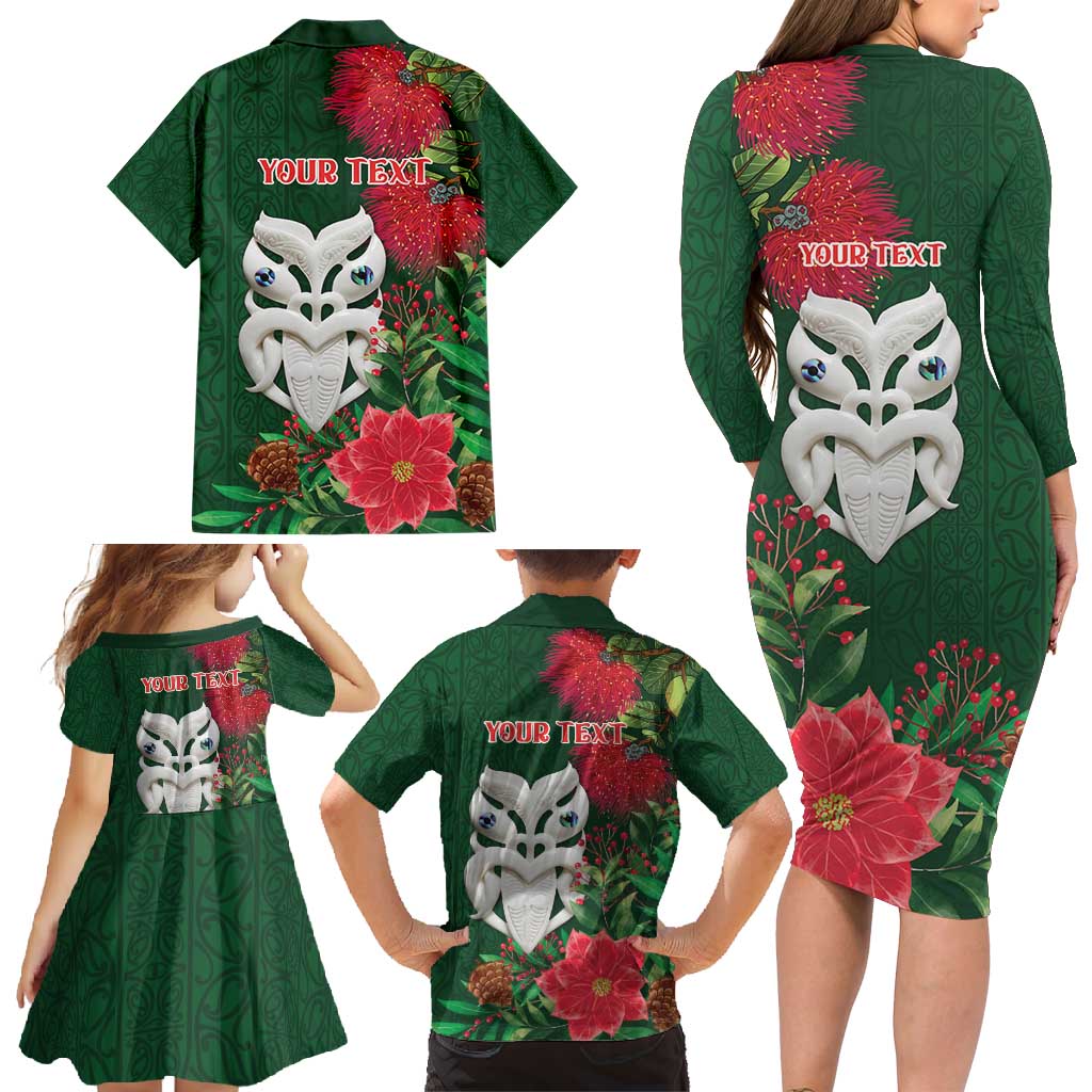 Maori Wheku Meri Kirihimete Personalised Family Matching Long Sleeve Bodycon Dress and Hawaiian Shirt All Green Indigenous Maori Motif - Polynesian Pride