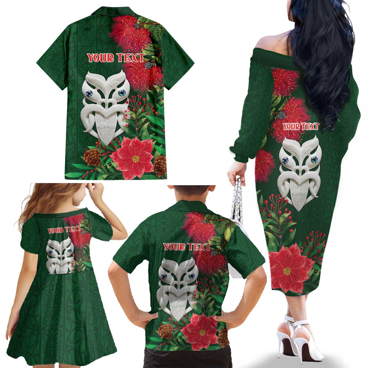 Maori Wheku Meri Kirihimete Personalised Family Matching Off The Shoulder Long Sleeve Dress and Hawaiian Shirt All Green Indigenous Maori Motif - Polynesian Pride