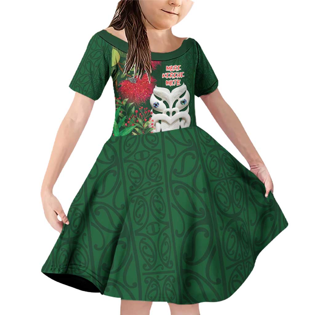 Maori Wheku Meri Kirihimete Personalised Family Matching Off Shoulder Short Dress and Hawaiian Shirt All Green Indigenous Maori Motif - Polynesian Pride