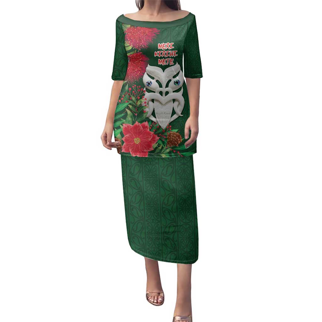 Maori Wheku Meri Kirihimete Personalised Family Matching Puletasi and Hawaiian Shirt All Green Indigenous Maori Motif - Polynesian Pride