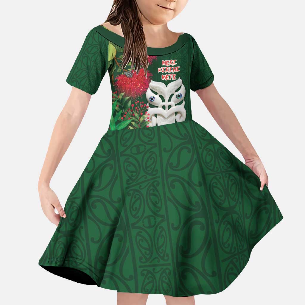 Maori Wheku Meri Kirihimete Personalised Family Matching Short Sleeve Bodycon Dress and Hawaiian Shirt All Green Indigenous Maori Motif - Polynesian Pride