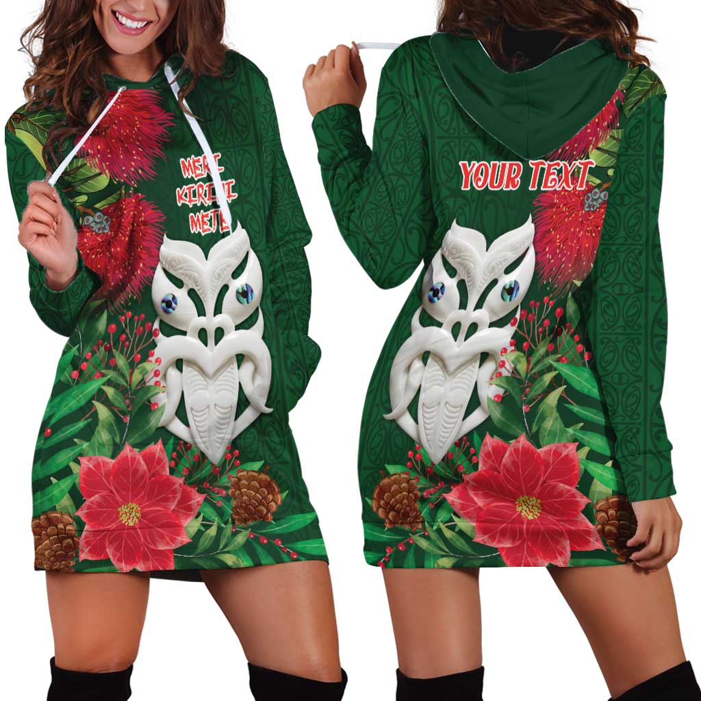 Maori Wheku Meri Kirihimete Personalised Hoodie Dress All Green Indigenous Maori Motif - Polynesian Pride