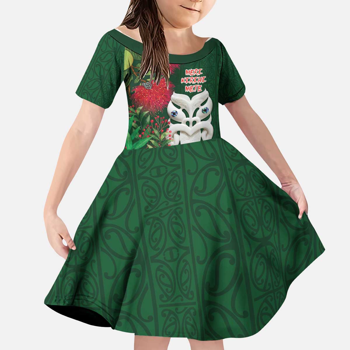 Maori Wheku Meri Kirihimete Personalised Kid Short Sleeve Dress All Green Indigenous Maori Motif - Polynesian Pride