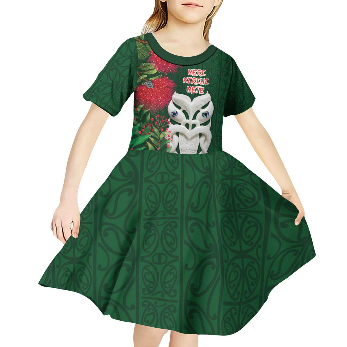 Maori Wheku Meri Kirihimete Personalised Kid Short Sleeve Dress All Green Indigenous Maori Motif - Polynesian Pride