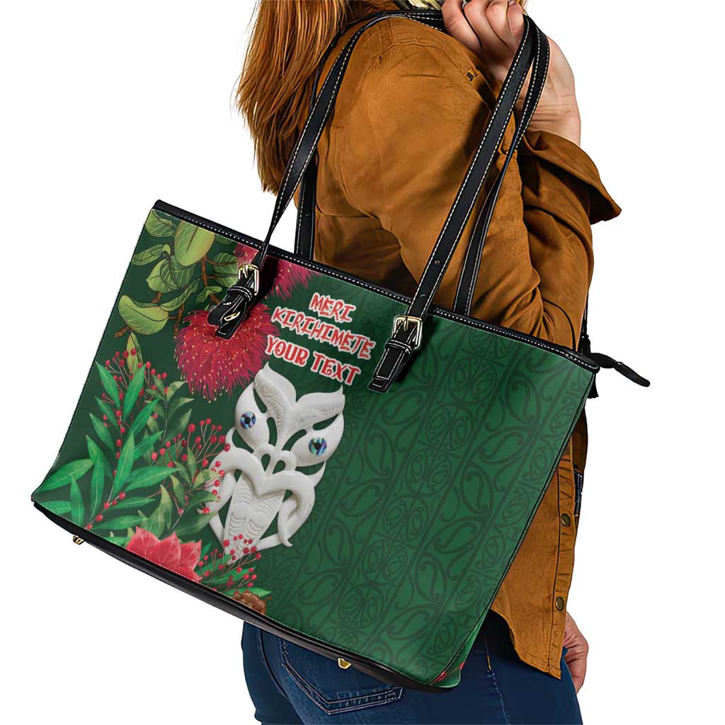 Maori Wheku Meri Kirihimete Personalised Leather Tote Bag All Green Indigenous Maori Motif - Polynesian Pride