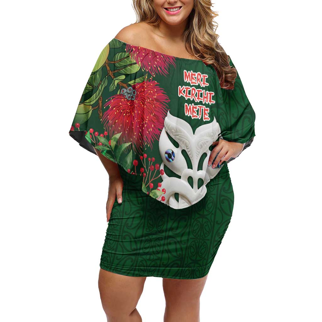 Maori Wheku Meri Kirihimete Personalised Off Shoulder Short Dress All Green Indigenous Maori Motif LT9 Women Green - Polynesian Pride