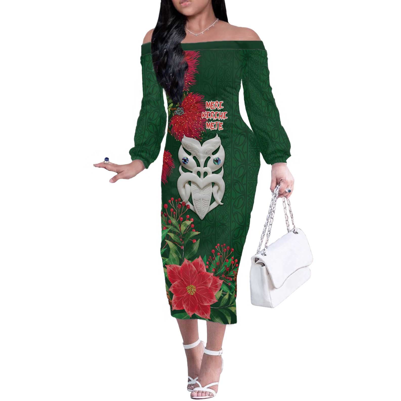 Maori Wheku Meri Kirihimete Personalised Off The Shoulder Long Sleeve Dress All Green Indigenous Maori Motif - Polynesian Pride