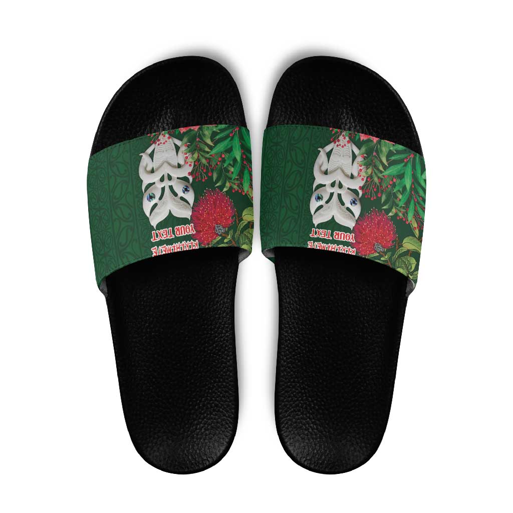 Maori Wheku Meri Kirihimete Personalised Slide Sandals All Green Indigenous Maori Motif - Polynesian Pride