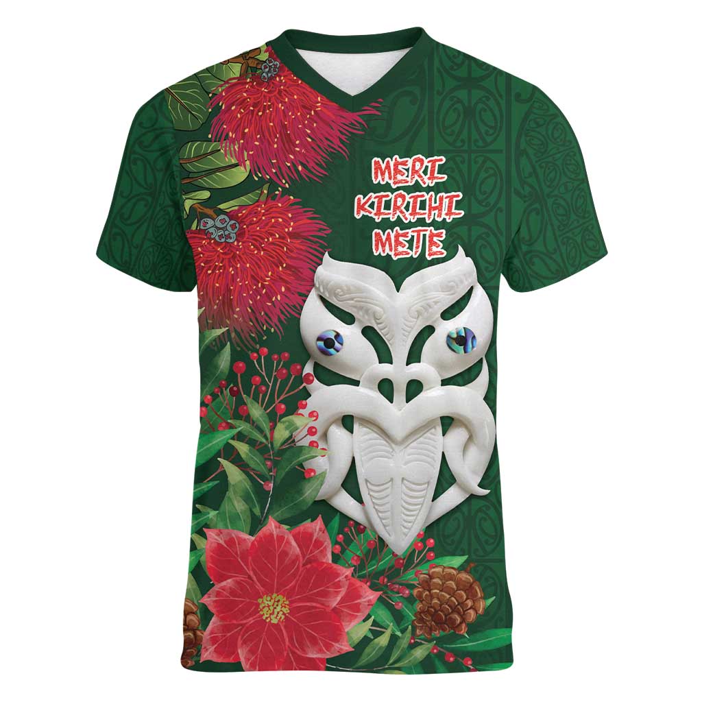Maori Wheku Meri Kirihimete Personalised Women V-Neck T-Shirt All Green Indigenous Maori Motif - Polynesian Pride