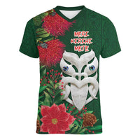 Maori Wheku Meri Kirihimete Personalised Women V-Neck T-Shirt All Green Indigenous Maori Motif - Polynesian Pride