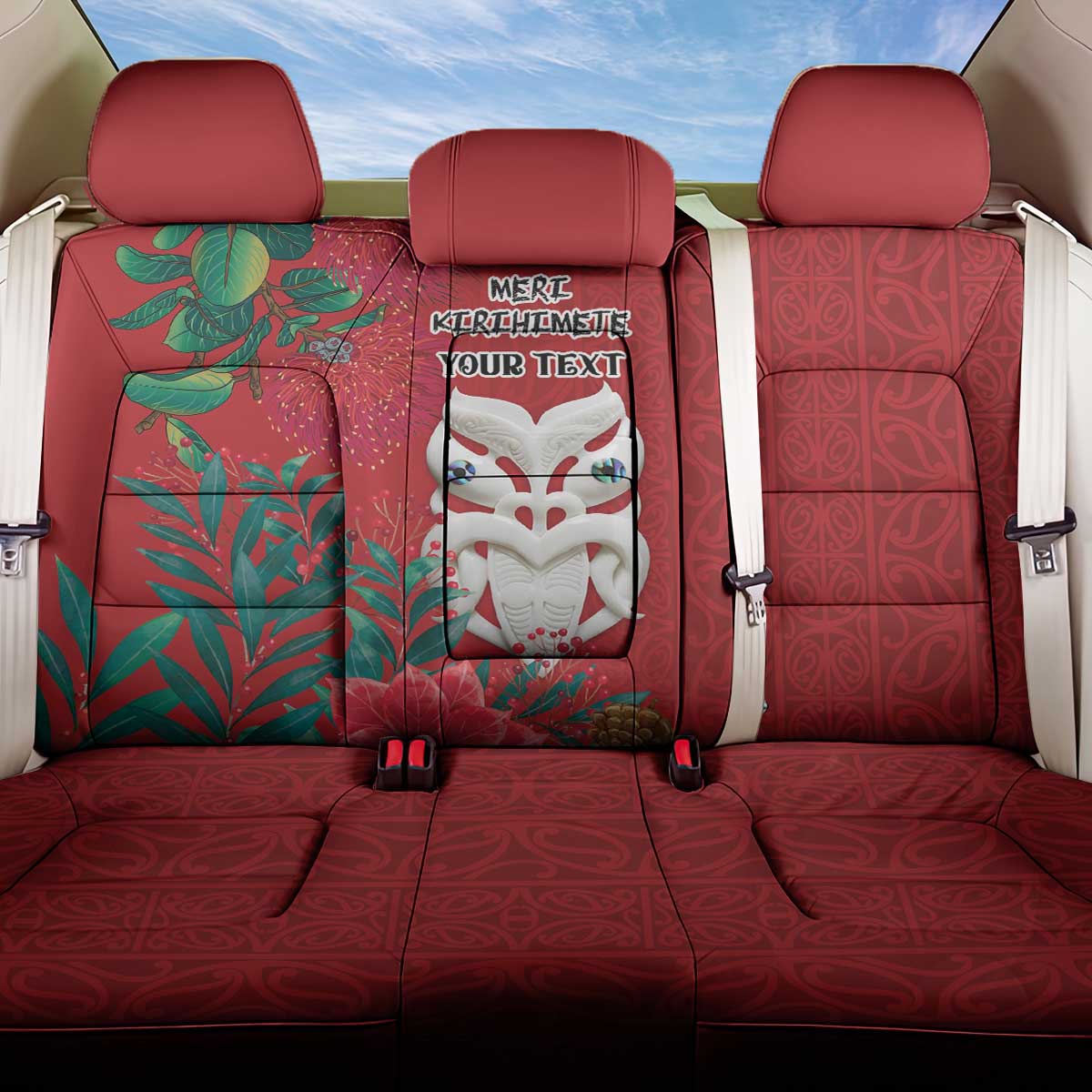 Maori Wheku Meri Kirihimete Personalised Back Car Seat Cover All Red Indigenous Maori Motif - Polynesian Pride