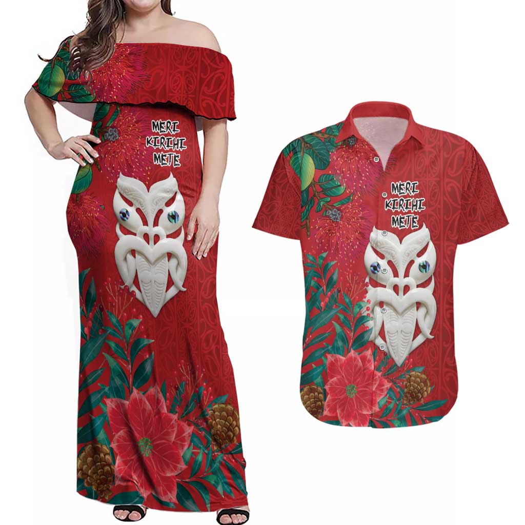 Maori Wheku Meri Kirihimete Personalised Couples Matching Off Shoulder Maxi Dress and Hawaiian Shirt All Red Indigenous Maori Motif - Polynesian Pride