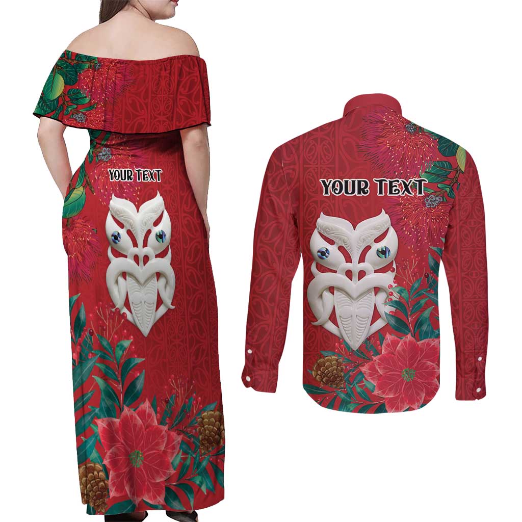 Maori Wheku Meri Kirihimete Personalised Couples Matching Off Shoulder Maxi Dress and Long Sleeve Button Shirt All Red Indigenous Maori Motif - Polynesian Pride