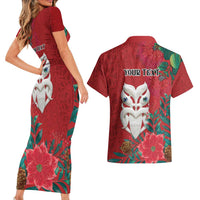 Maori Wheku Meri Kirihimete Personalised Couples Matching Short Sleeve Bodycon Dress and Hawaiian Shirt All Red Indigenous Maori Motif - Polynesian Pride