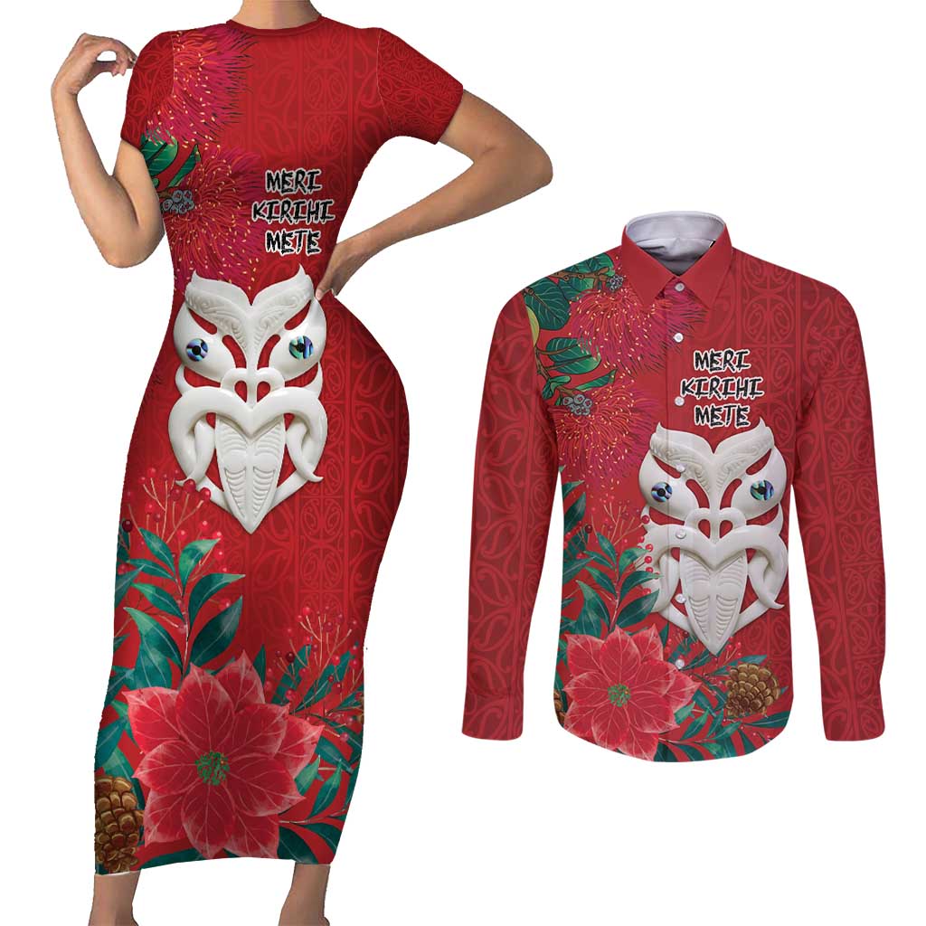 Maori Wheku Meri Kirihimete Personalised Couples Matching Short Sleeve Bodycon Dress and Long Sleeve Button Shirt All Red Indigenous Maori Motif - Polynesian Pride
