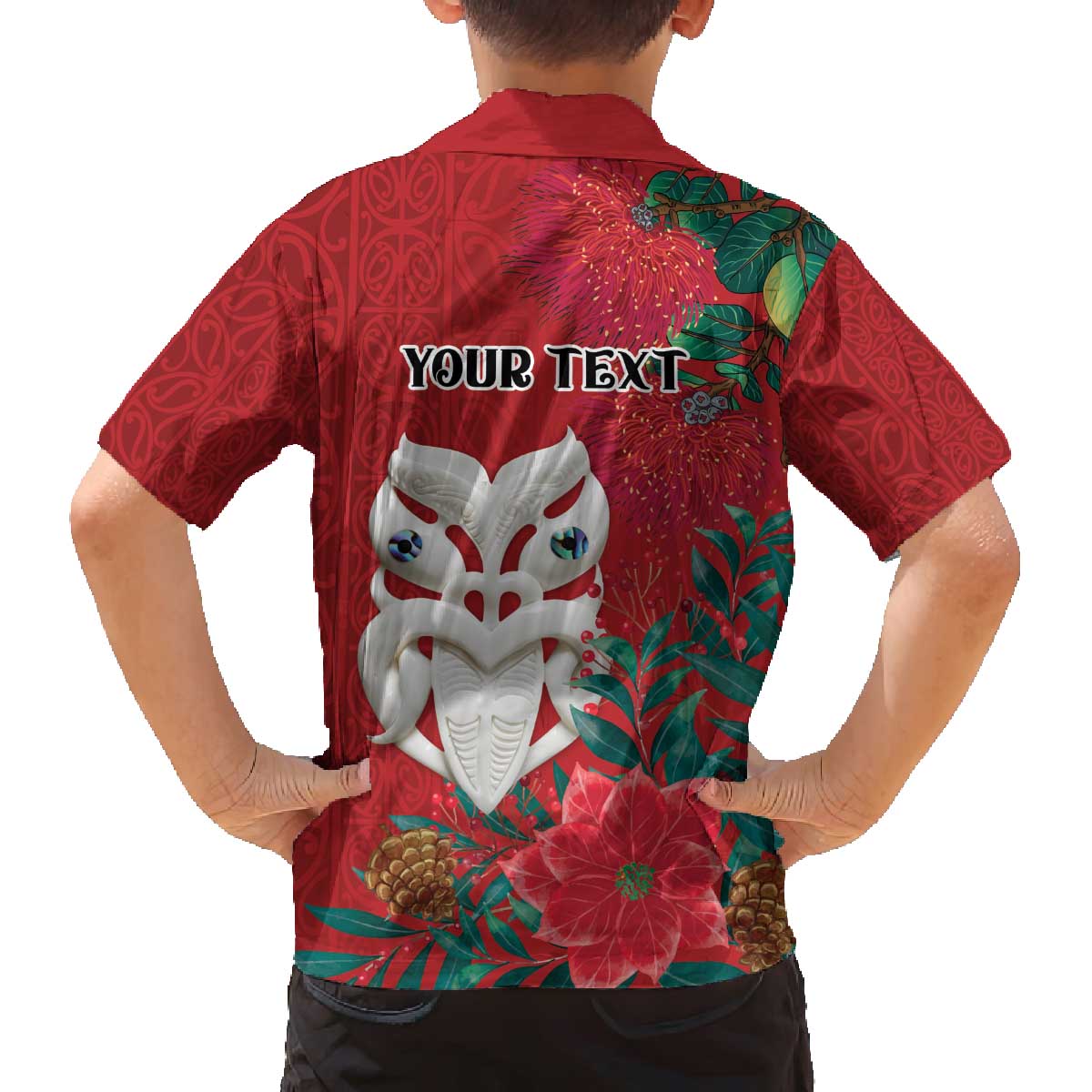 Maori Wheku Meri Kirihimete Personalised Family Matching Off The Shoulder Long Sleeve Dress and Hawaiian Shirt All Red Indigenous Maori Motif - Polynesian Pride