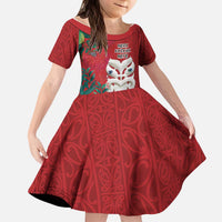 Maori Wheku Meri Kirihimete Personalised Kid Short Sleeve Dress All Red Indigenous Maori Motif - Polynesian Pride