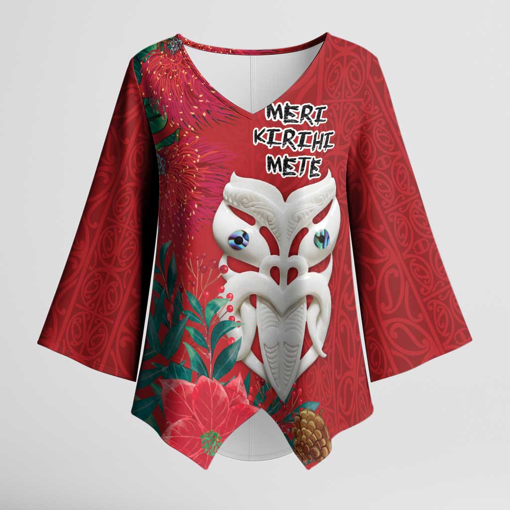 Maori Wheku Meri Kirihimete Personalised Kimono Sleeve Blouse All Red Indigenous Maori Motif - Polynesian Pride