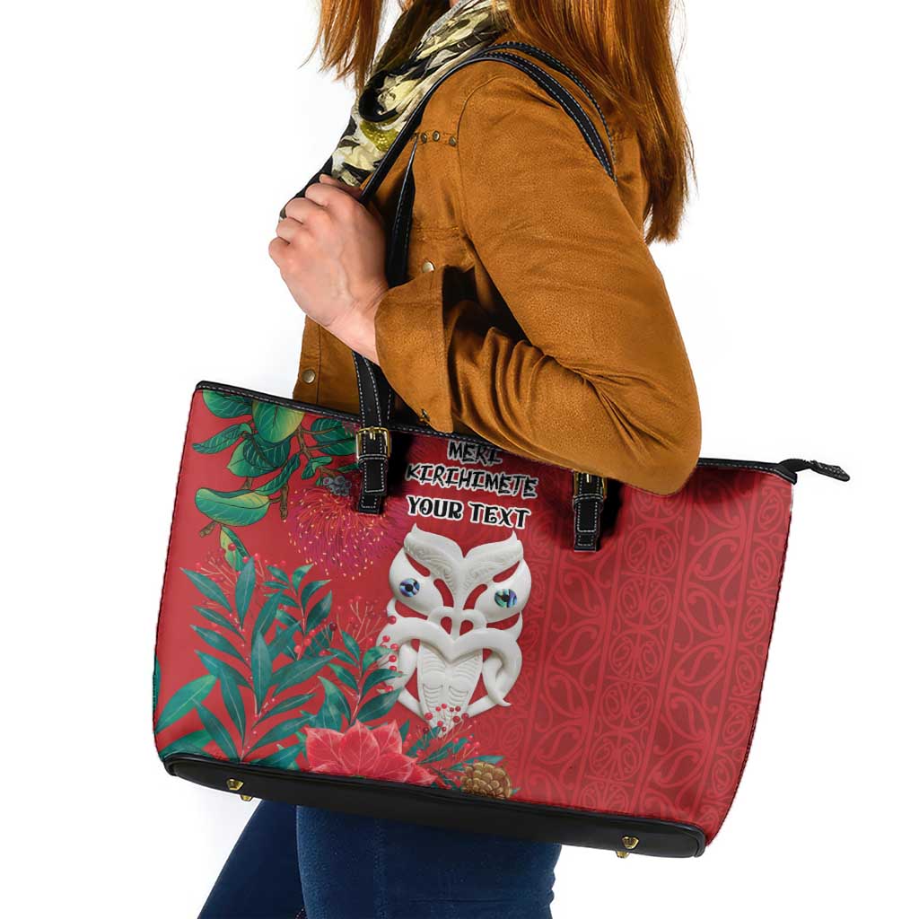 Maori Wheku Meri Kirihimete Personalised Leather Tote Bag All Red Indigenous Maori Motif - Polynesian Pride