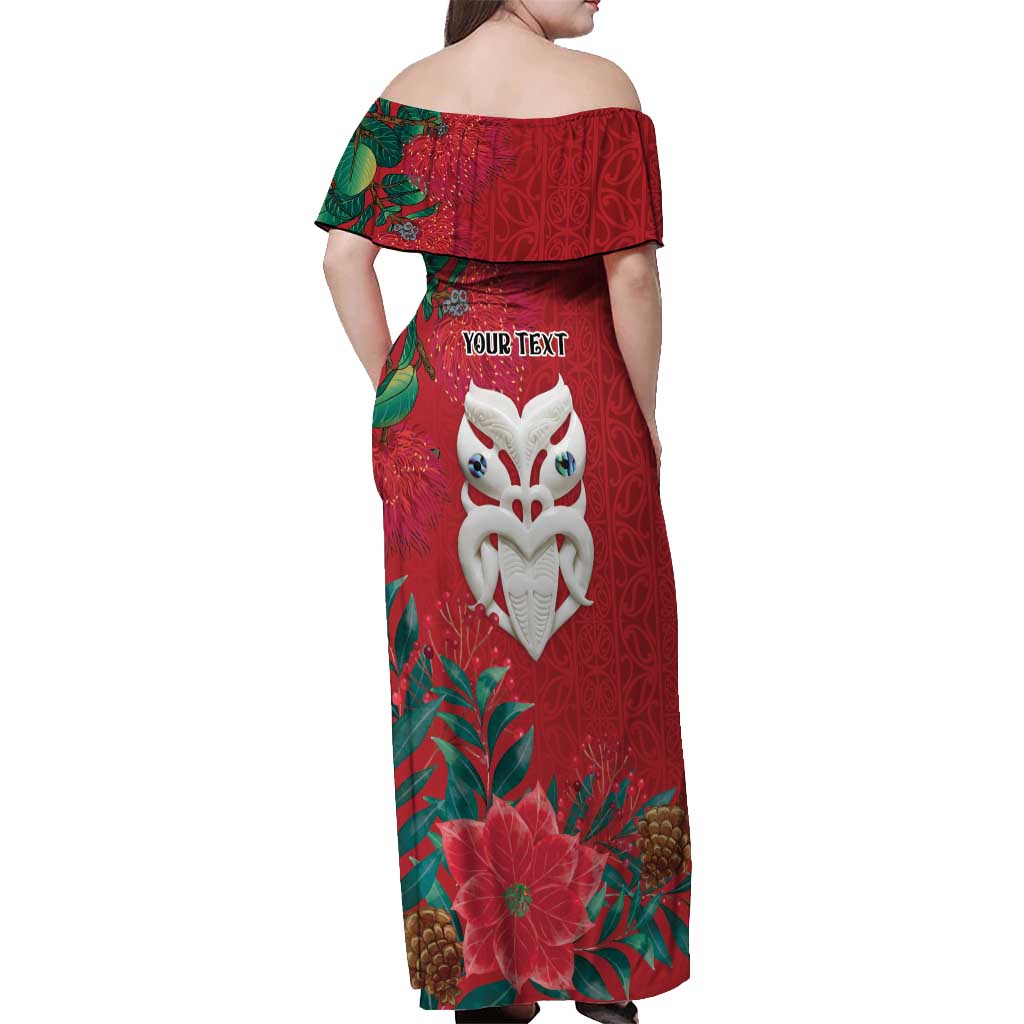 Maori Wheku Meri Kirihimete Personalised Off Shoulder Maxi Dress All Red Indigenous Maori Motif - Polynesian Pride