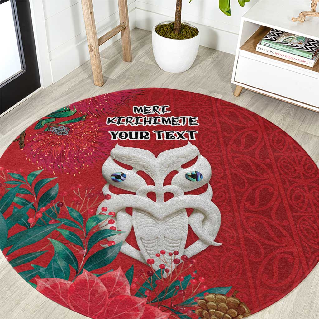 Maori Wheku Meri Kirihimete Personalised Round Carpet All Red Indigenous Maori Motif - Polynesian Pride