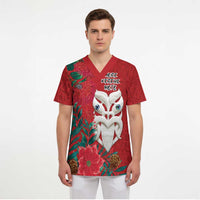 Maori Wheku Meri Kirihimete Personalised Scrub Top All Red Indigenous Maori Motif - Polynesian Pride