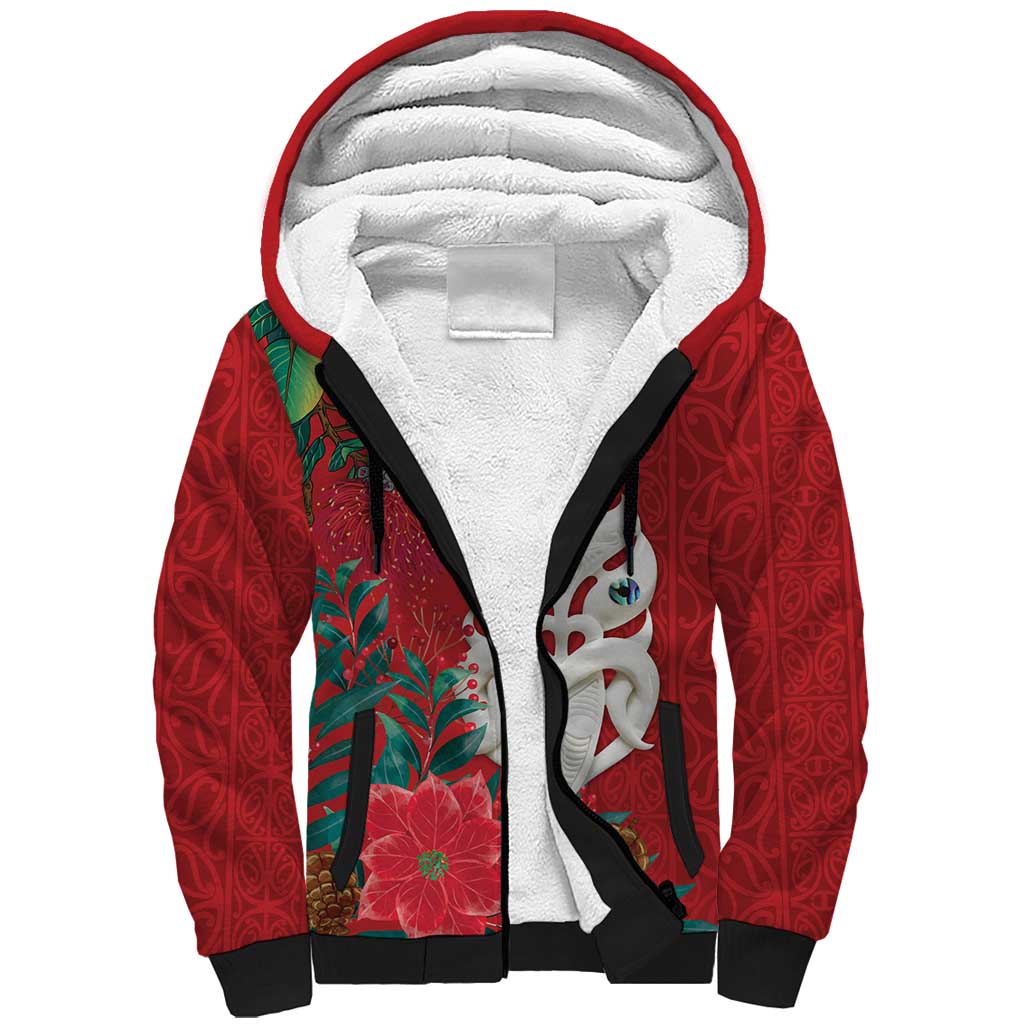 Maori Wheku Meri Kirihimete Personalised Sherpa Hoodie All Red Indigenous Maori Motif - Polynesian Pride