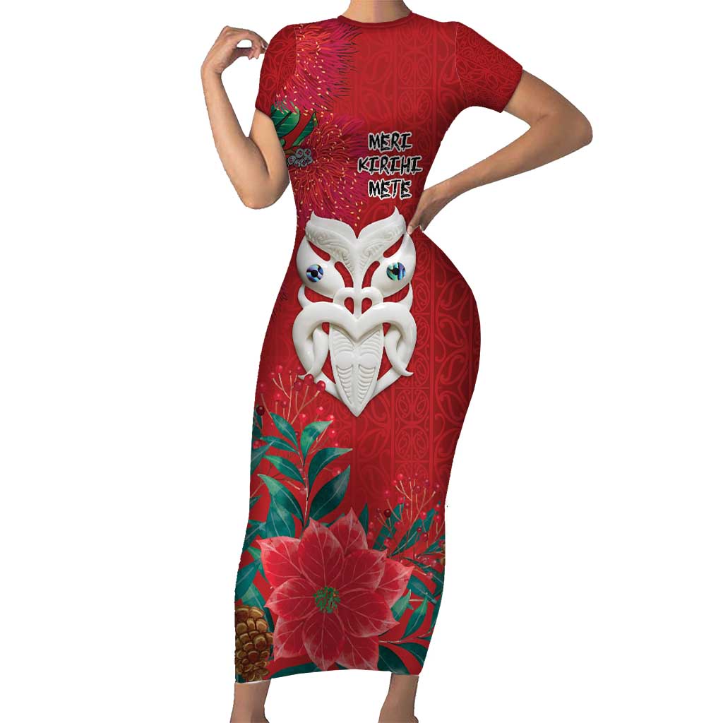 Maori Wheku Meri Kirihimete Personalised Short Sleeve Bodycon Dress All Red Indigenous Maori Motif LT9 Long Dress Red - Polynesian Pride