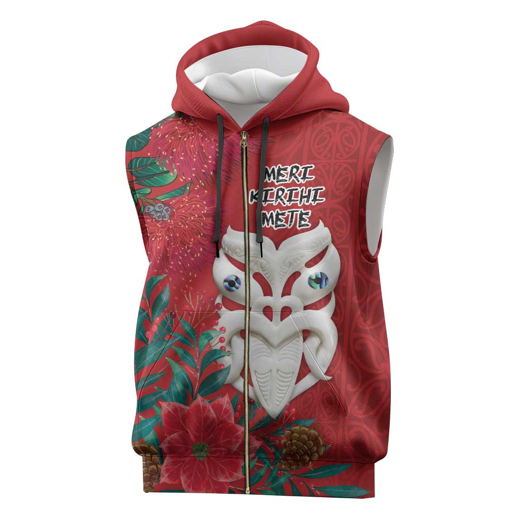 Maori Wheku Meri Kirihimete Personalised Sleeveless Zip Hoodie All Red Indigenous Maori Motif - Polynesian Pride
