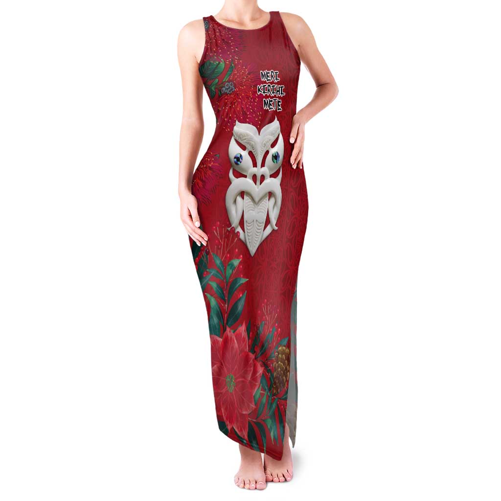 Maori Wheku Meri Kirihimete Personalised Tank Maxi Dress All Red Indigenous Maori Motif - Polynesian Pride