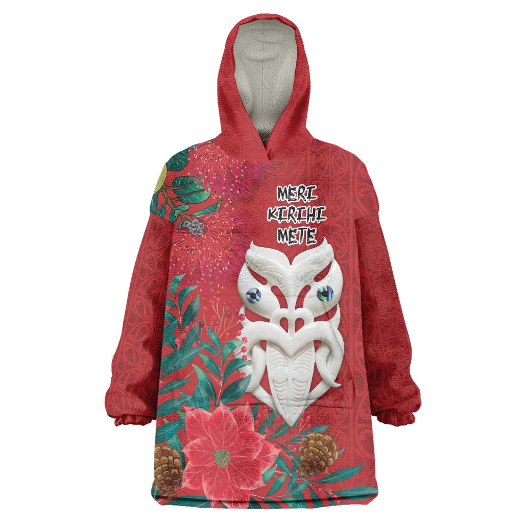 Maori Wheku Meri Kirihimete Personalised Wearable Blanket Hoodie All Red Indigenous Maori Motif - Polynesian Pride