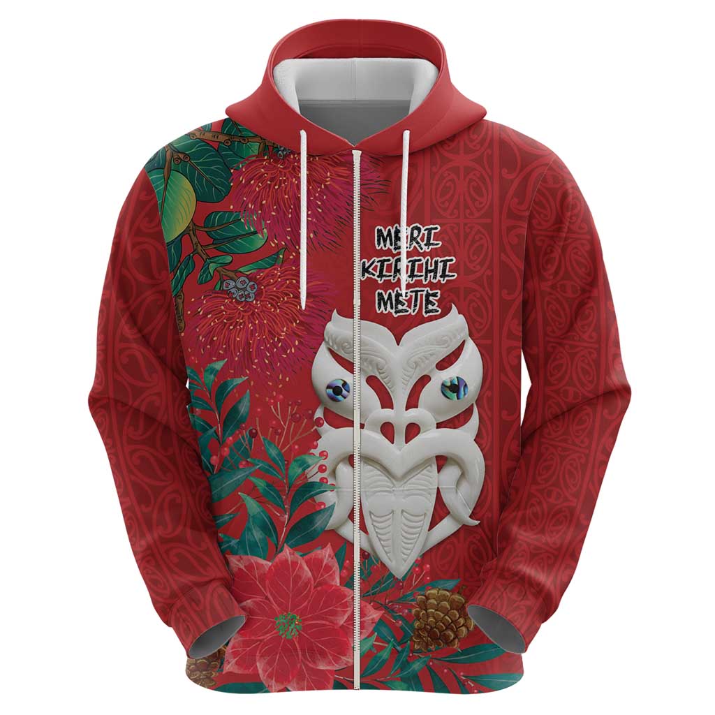 Maori Wheku Meri Kirihimete Personalised Zip Hoodie All Red Indigenous Maori Motif - Polynesian Pride