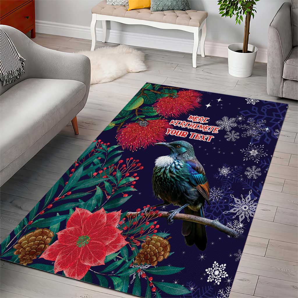 Tui Meri Kirihimete Personalised Area Rug Pohutukawa Flowers Blue Motif - Polynesian Pride