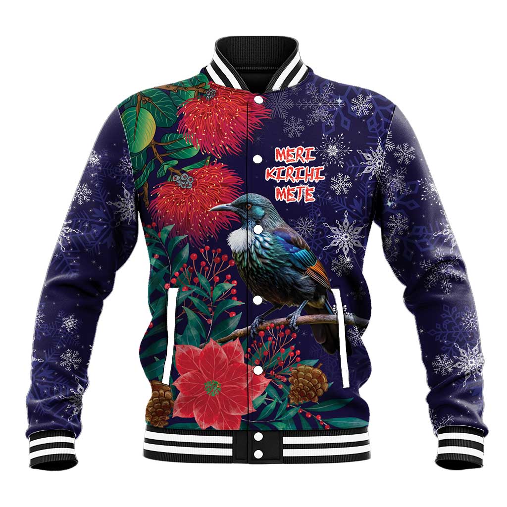 Tui Meri Kirihimete Personalised Baseball Jacket Pohutukawa Flowers Blue Motif - Polynesian Pride
