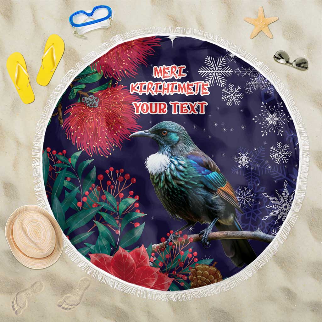 Tui Meri Kirihimete Personalised Beach Blanket Pohutukawa Flowers Blue Motif - Polynesian Pride