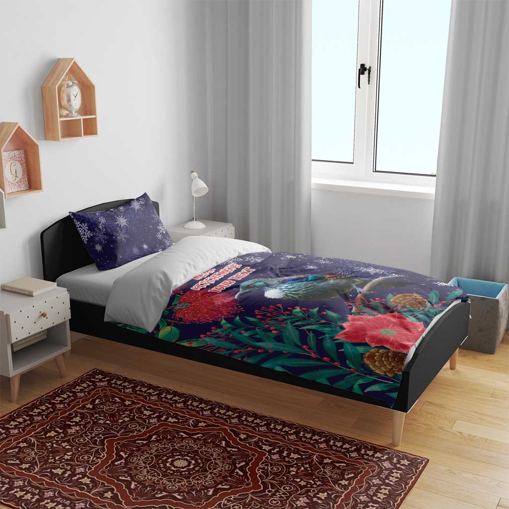 Tui Meri Kirihimete Personalised Bedding Set Pohutukawa Flowers Blue Motif - Polynesian Pride