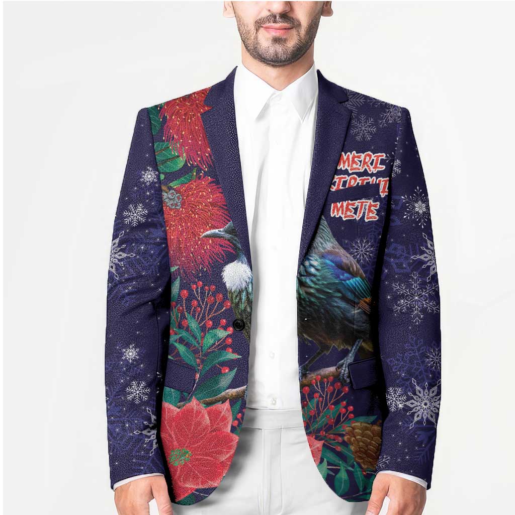 Tui Meri Kirihimete Personalised Blazer Pohutukawa Flowers Blue Motif - Polynesian Pride