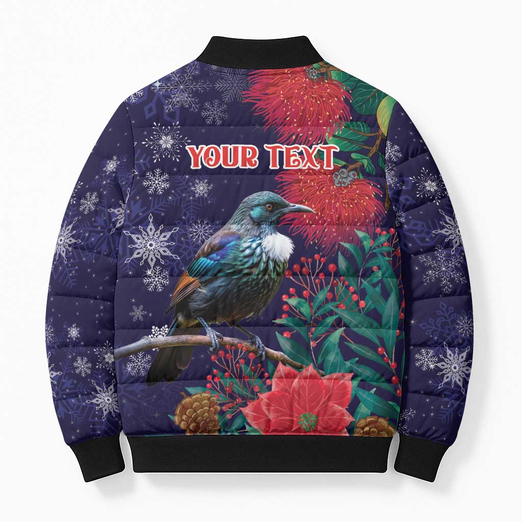 Tui Meri Kirihimete Personalised Bomber Puffer Jacket Pohutukawa Flowers Blue Motif - Polynesian Pride